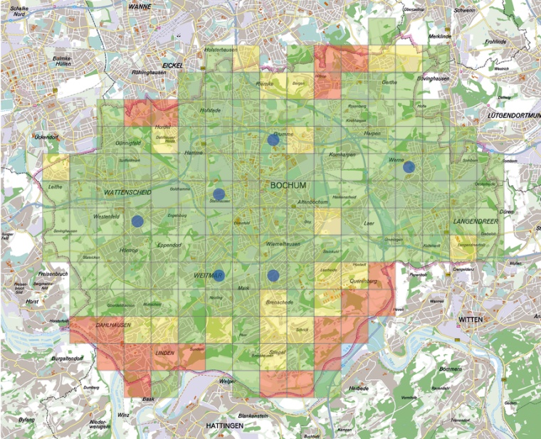 Abb. 2: Erreichungsgrade in Bochum nach einer Simulation, Standorte der festen...