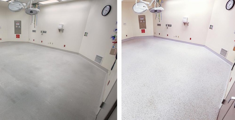 Der Vorher-Nachher-Effekt ist verblüffend. Der sanierte Bodenbelag rechts...