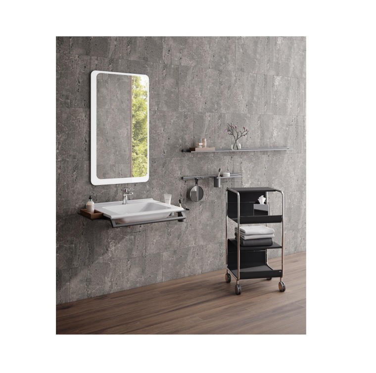 Modulares Waschtischsystem und flexibel einsetzbarer Beistellwagen von Hewi....