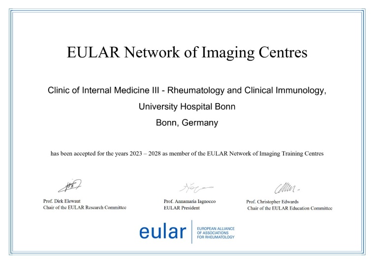 Urkunde zur Verleihung des Titels „EULAR Imaging Training Centre“ an die...