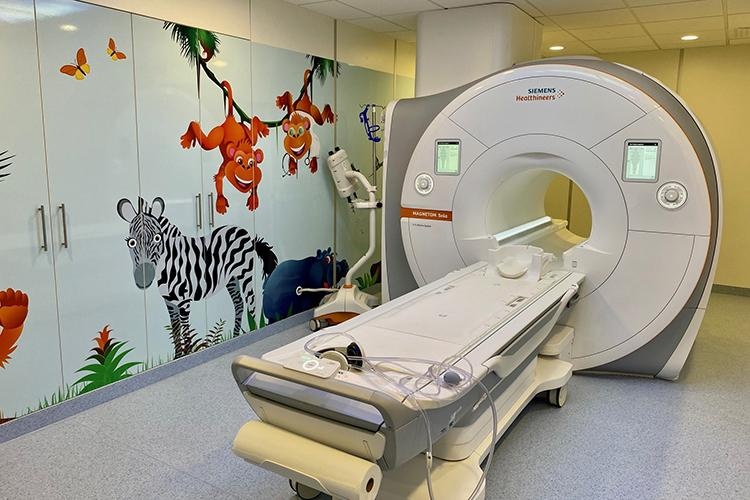 Im Untersuchungsraum sticht die bunte Safari-Wandgestaltung direkt ins Auge....