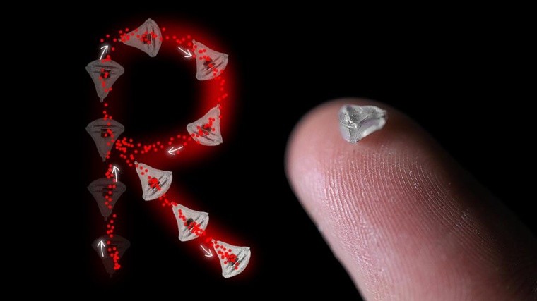 Rechts: Miniaturroboter mit eingebautem SMOL-Tracker, der eingebaute Magnet ist...