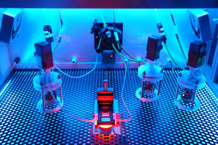 Ein Fluidkreislauf transportiert alle Flüssigkeiten zu den Bioreaktoren und zu...