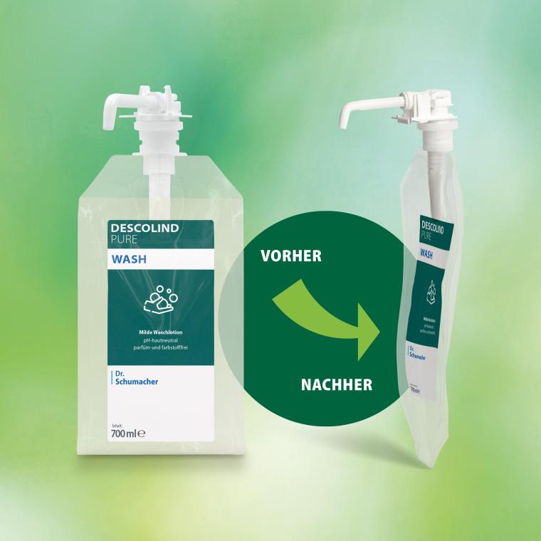 Leerer Beutel, kleines Volumen: flach im Abfall, platzsparend in der Logistik